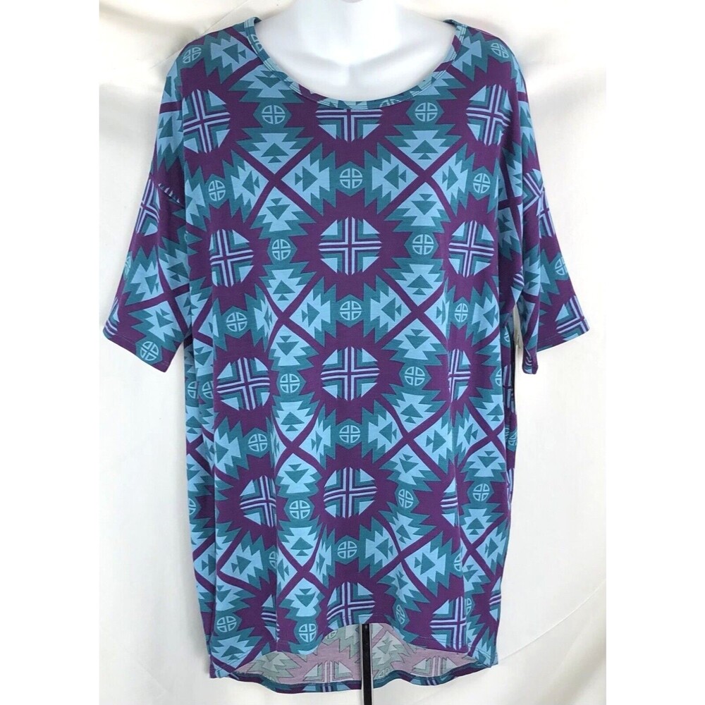 NWT Lula Roe Long Tunic Top M 12/14 Teal purple Aztec Geo abstract Asymmetrical